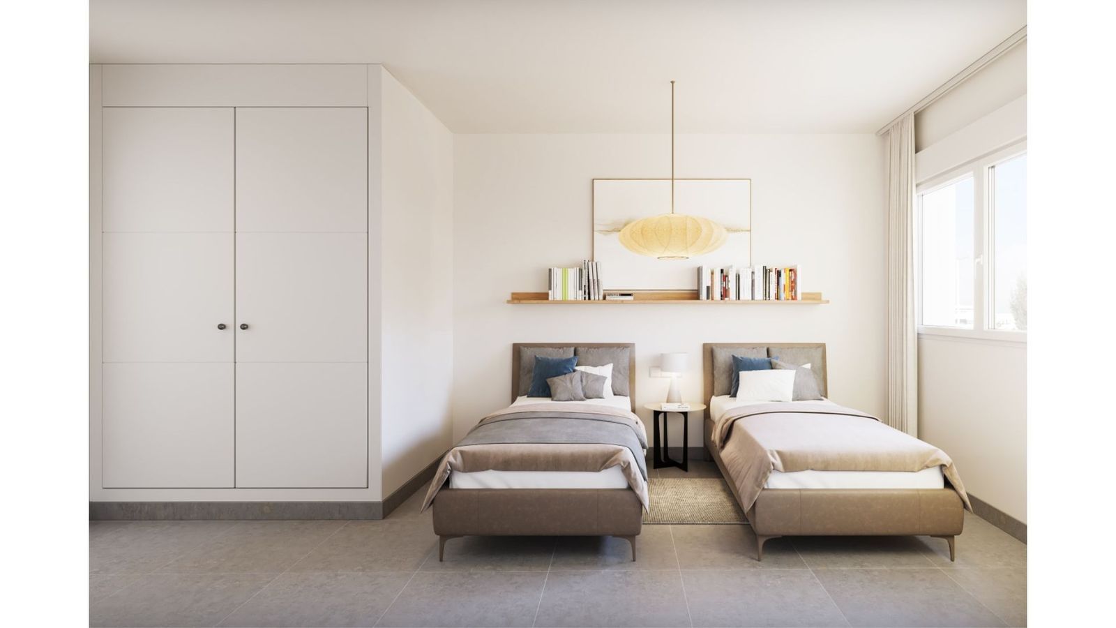 Stijlvolle slaapkamer met twee bedden, kast en boekenplank.