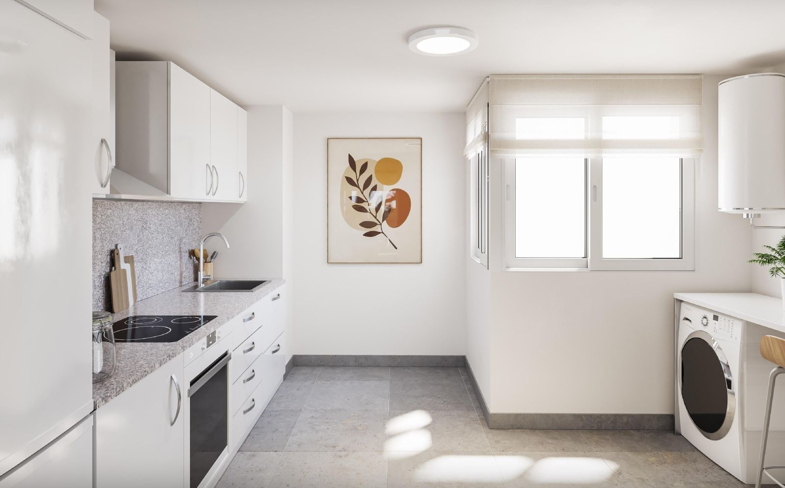 Moderne witte keuken met wasmachine en abstracte kunst aan de muur.