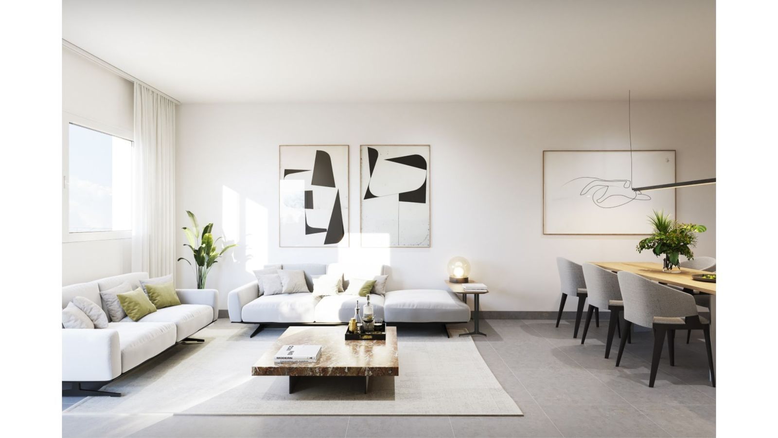 Moderne woon-eetkamer met design meubels en kunstwerken.